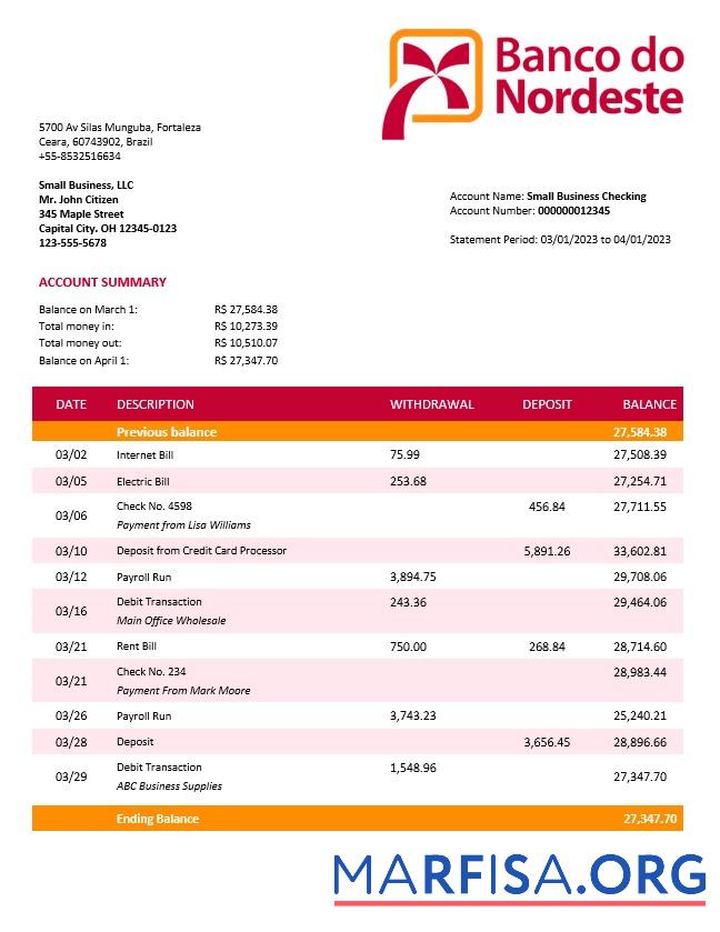 Realistic Banco do Nordeste firm account statement Word and PDF template